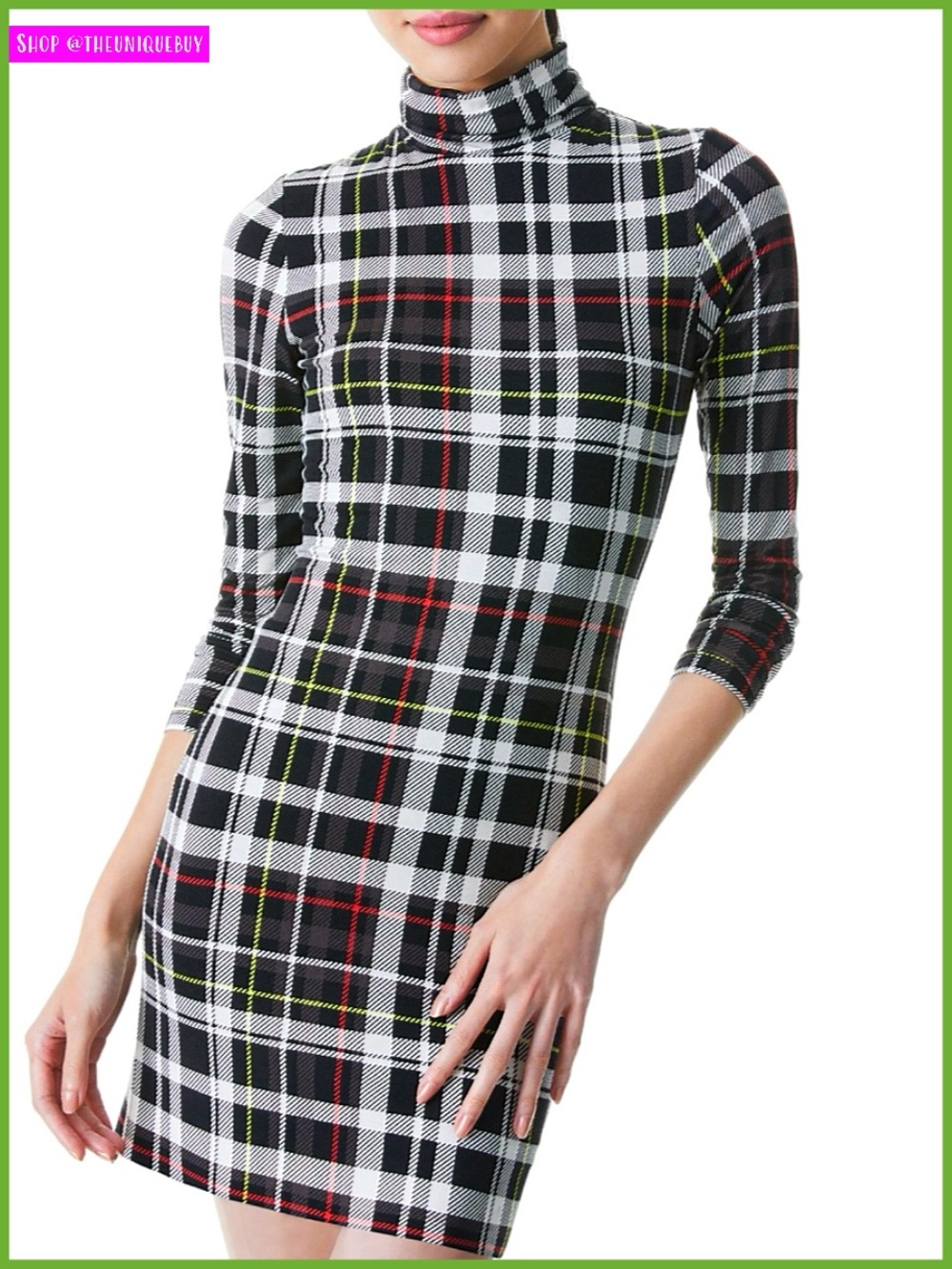 Alice + Olivia Delora Plaid Fitted Black White Multi Mini Dress